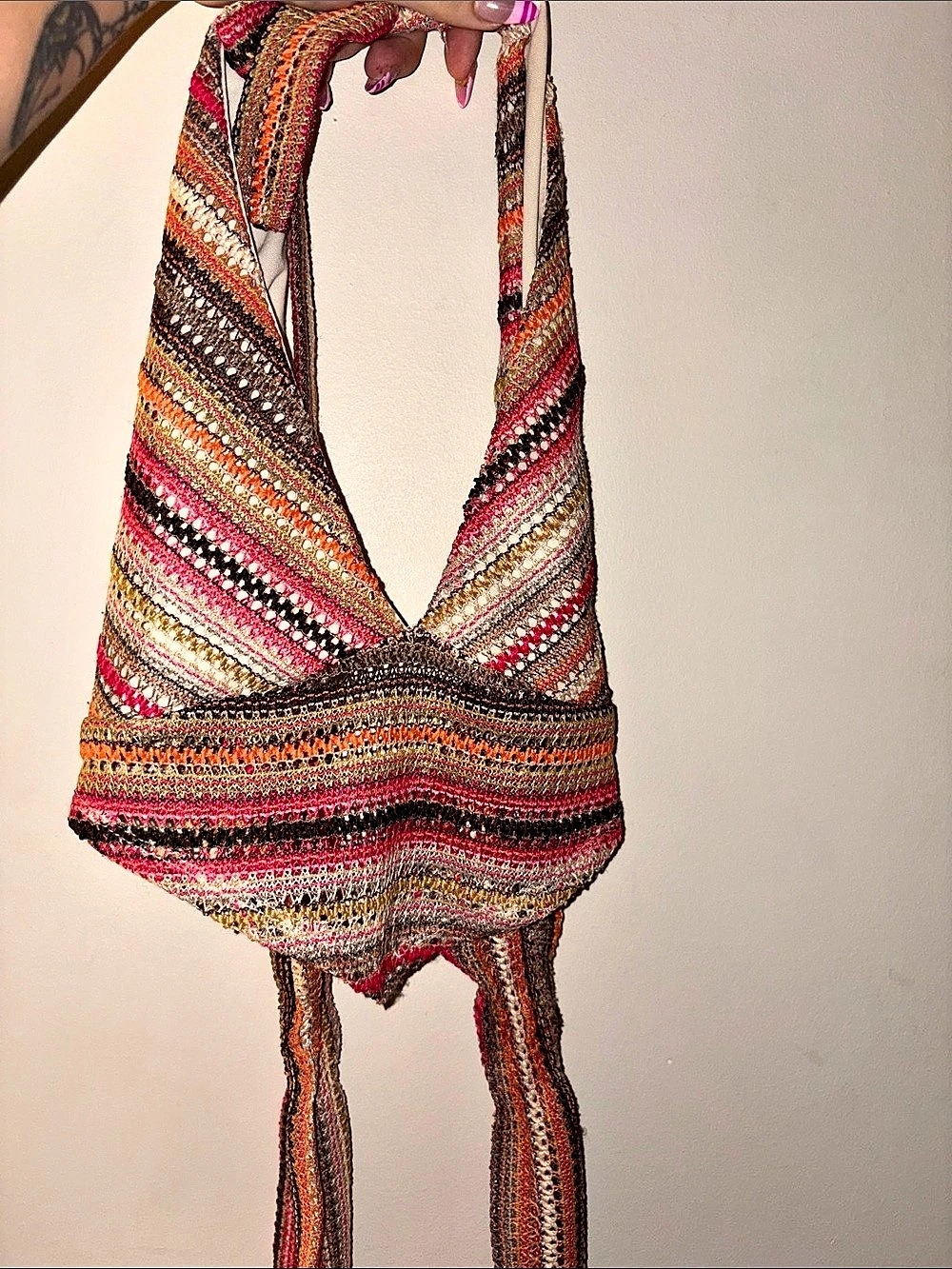 KENDALL & KYLIE Striped Halter Tank in Pink & Brown Size XS
